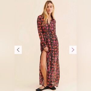 Free People Jerra SET Plaid Buttoned Shirt Dress AND Slip Sz Large Pink Orange